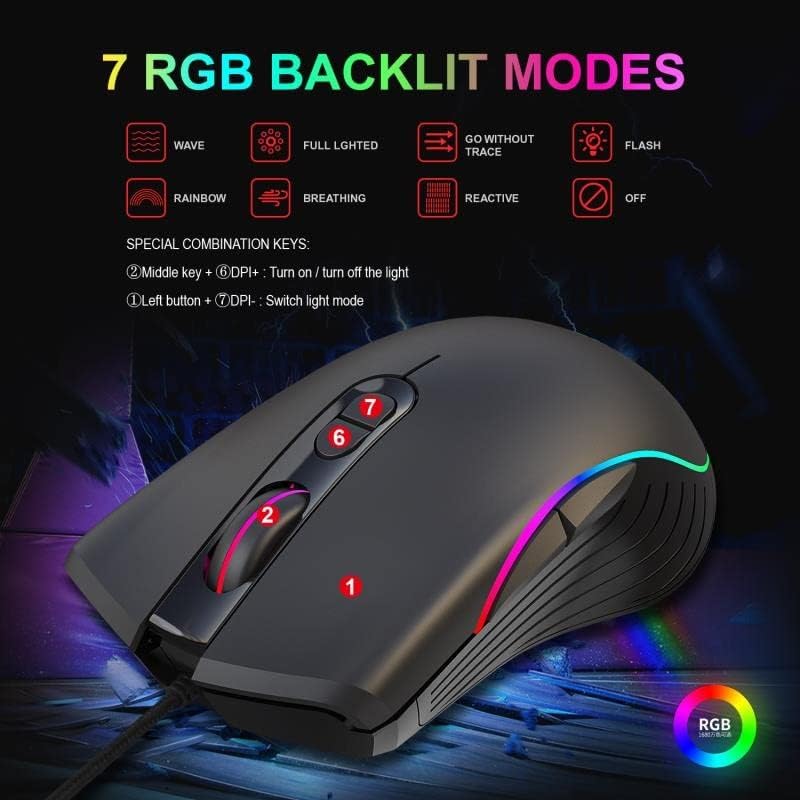 Diagram showing 7 RGB backlit modes and special key combinations for HXSJ A867 mouse