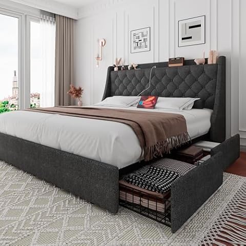 iPormis Queen Bed Frame with 4 Storage Drawers, Upholstered Platform Bed Frame with Type-C & USB Ports, Wingback Storage Headboard, Solid Wood Slats, No Box Spring Needed, Dark Gray Cover