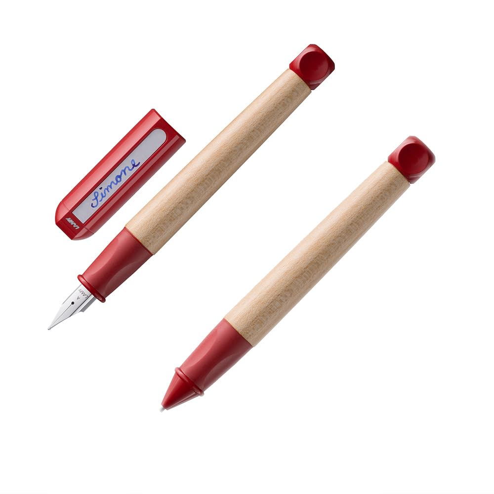 Lamy abc Set of 2 Maple Wood Learner's Fountain Pen and Pencil, Non-Slip Grip in Red, Steel Nib for Beginners, Includes Ink Cartridge T 10 Blue and Pencil Lead M 44 1.4 mm B