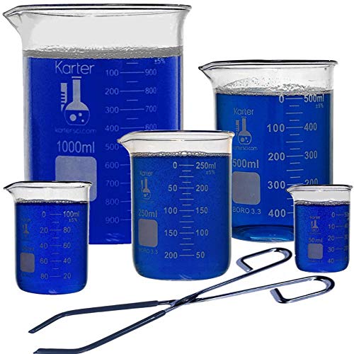 Glass Low Form Beaker Set with Zinc Plated Beaker Tongs, 5 Sizes