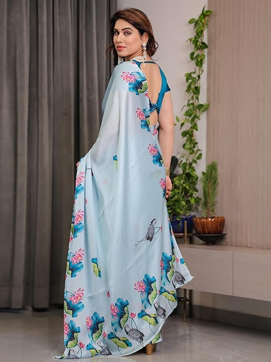 Image of Sky Blue Satin Georgette Saree with Lotus & Crane Print, Attached Blouse, Nature-Inspired Designer Drape