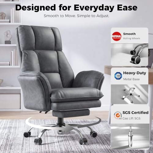 Image of Big and Tall Office Chair, Flip Armrests for Pets & Cross Legged Sitting | Executive Ergonomic Computer Gaming Chair with Foot Rest, Tech Fabric Wide Seat Reclining Desk Chair，Grey