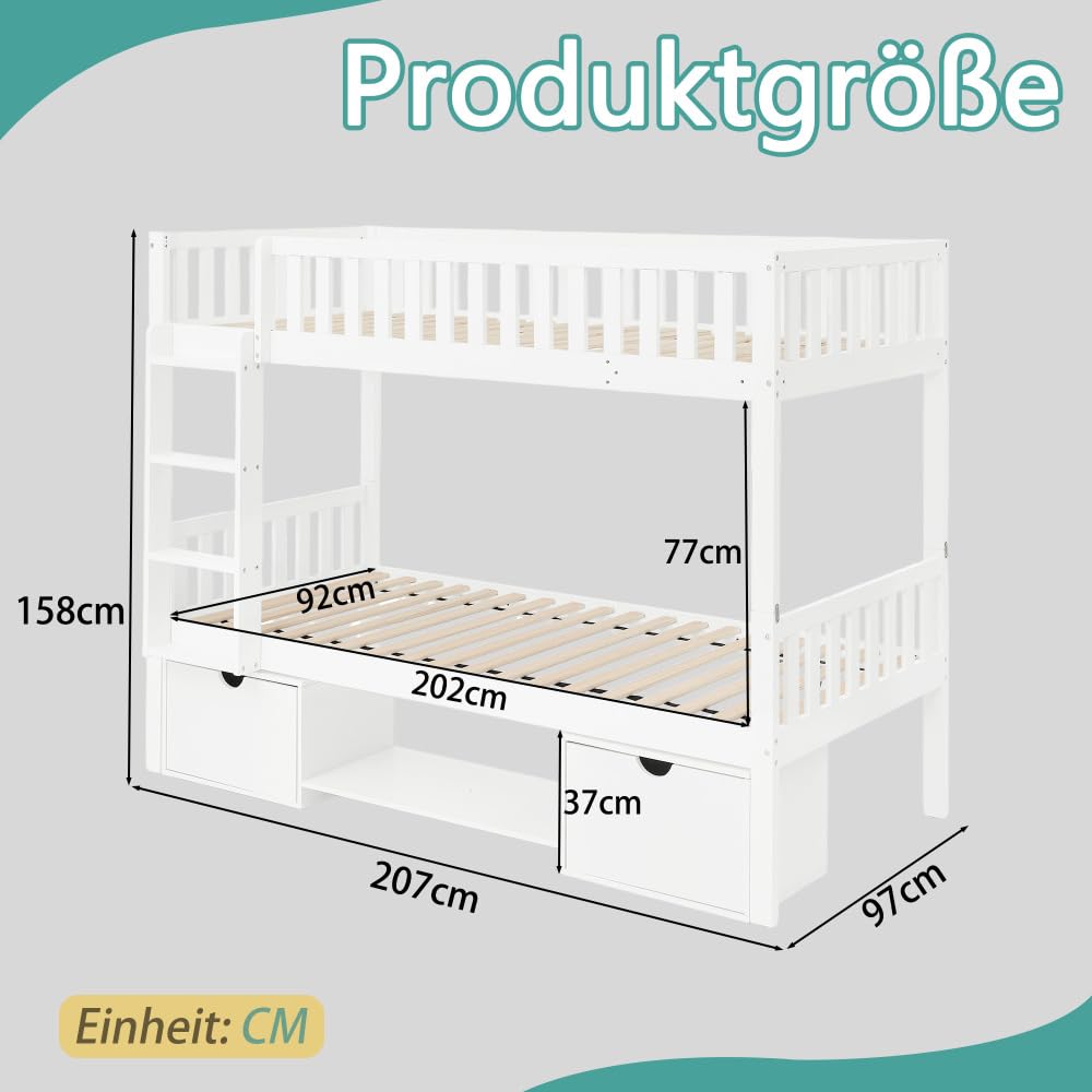 Cama infantil de madera de pino maciza, 90 x 200 cm, cama doble desmontable con barandillas de seguridad, cajones y escalera, utilizable como 2 camas individuales