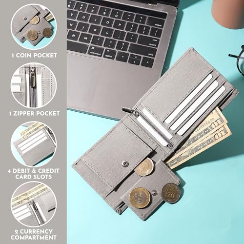 Image of VEMILIO Vegan Leather Wallet for Men | Eagle Print Embossed Premium Bifold Wallet | 3 Card Slots | 2 Cash Compartments | 1 Coin Pocket & 2 Secret Slots | Stylish, Durable & Gift for Men (Eagle, Grey)