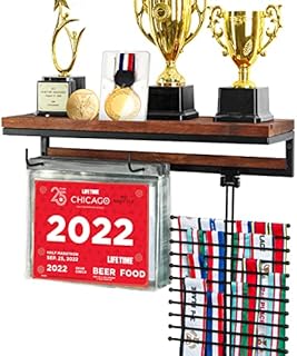VIEWAY Medal Display Hanger Marathon Race Bibs Display Holder, Wall Mounted Trophy Shelf Rack and Hooks for Running, Sports, Gymnastics Awards 50 Bib Flip Pouches- MK817A