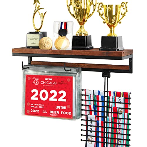 VIEWAY Medal Display Hanger Marathon Race Bibs Display Holder, Wall Mounted Trophy Shelf Rack and Hooks for Running, Sports, Gymnastics Awards 50 Bib Flip Pouches- MK817A 