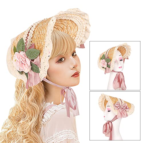 Girls Women Victorian Straw Hats Tea Party Bows Costume Sun Hat with Lace Flower3