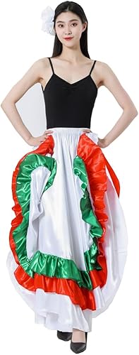Miniatura 9 de Falda larga de baile con volantes para adultos color negro rojo verde falda folclórica para disfraz de flamenco mexicano de Halloween