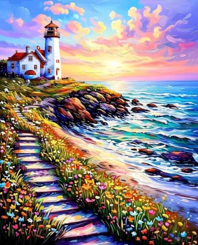 数字油絵 灯台 数字キットによる絵画 海 Paint by Numbers DIYペイント 大人の 初心者 子供用 簡単に塗れる アクリル水彩絵の具 手芸 画材 手工芸 キット 3つのペイントブラシと1つのセットのアクリル顔料を使用 ホーム オフィス装飾