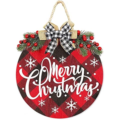 Merry Christmas Decorations Wreath, Merry Christmas Buffalo Plaid Hanging Sign Rustic Wooden Holiday Decor for Front Door Porch Home Window Wall Farmhouse Indoor Outdoor Decorations Cover