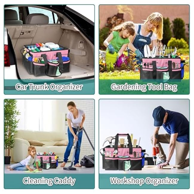 Cleaning Bags for Housekeepers, Large Cleaning Supplies Organizer with Handles & Shoulder Strap, Cleaning Caddy Bag with Foldable Divider for Cleaners, Car Horse Cleaning Bag(Pink)