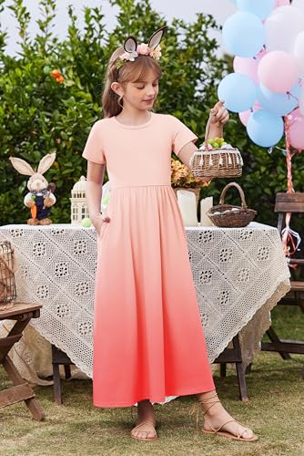 Image of Arshiner Girls Maxi Dress Long /Short Sleeve Casual Holiday Dress with Pockets for 5-13 Years
