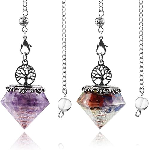 Miniatura 3 de DouuYuhet 2 piezas de péndulo de cristal de amatista curativo natural resina de cuarzo piedras preciosas de reiki colgante de pirámide energía para