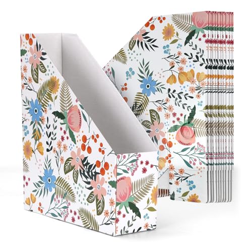 EXYGLO 12 Pack Magazine File Holder, Cardboard Magazine Rack with Label, Foldable Storage Organizer Box for Book, Documents, Floral Design, 9.9x3.3x12 Inches