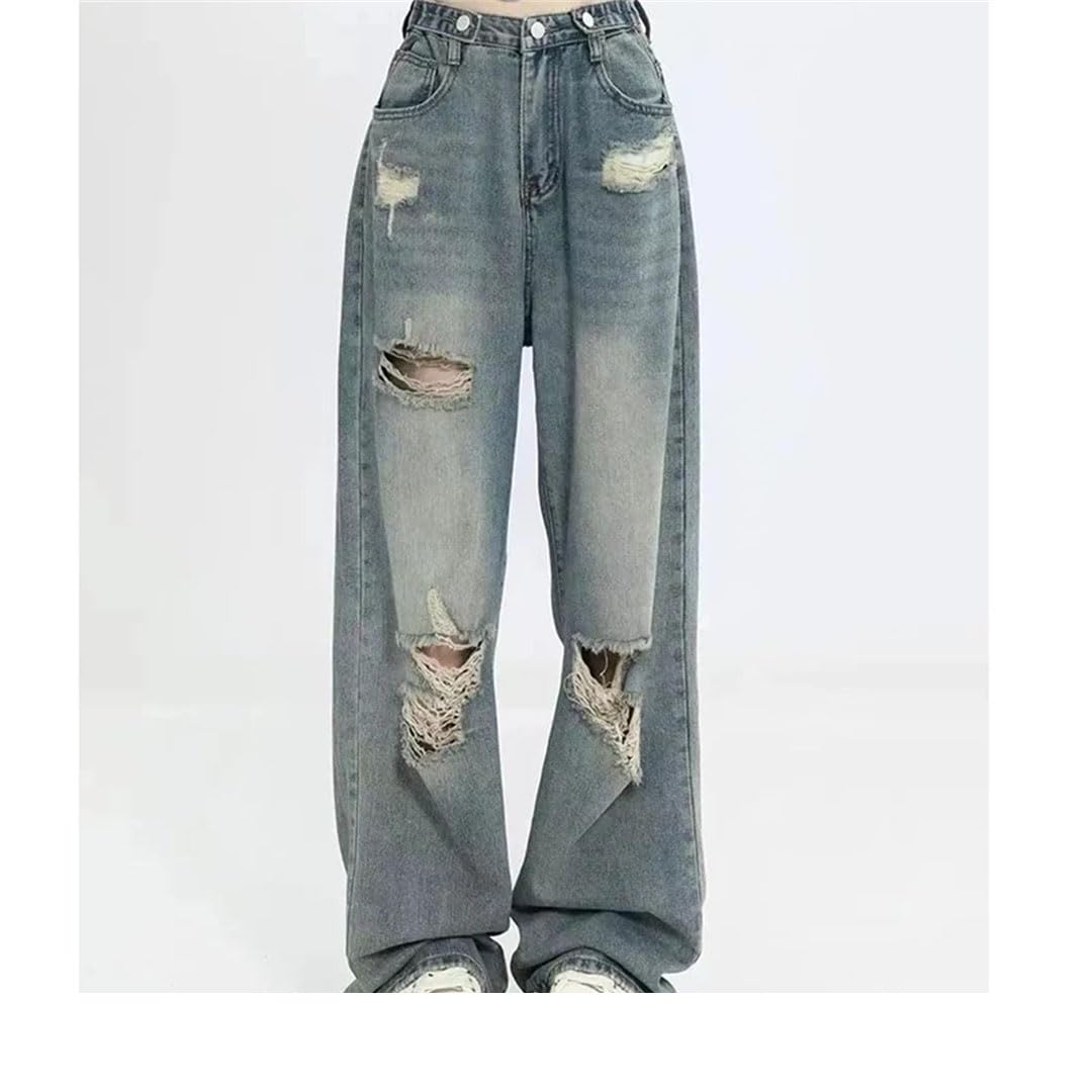 Pantalones de mezclilla para mujer, estilo vintage, holgados, retro, rasgados, pierna ancha, pierna recta, estilo callejero