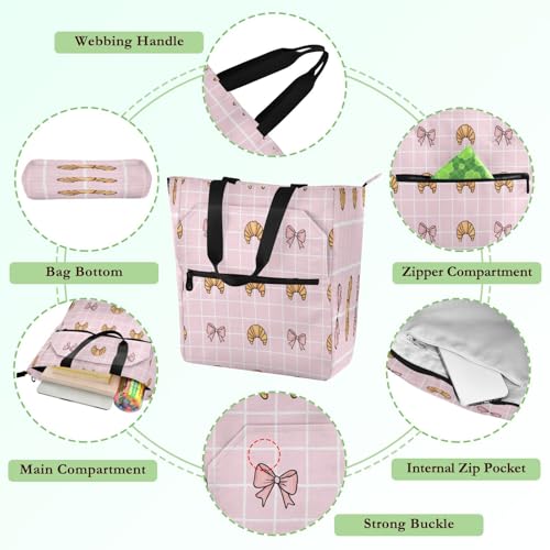 Cute Croissant Book Tote Bag,Large Capacity Handbag with Zipper Perfect for School,Travel,Shopping3