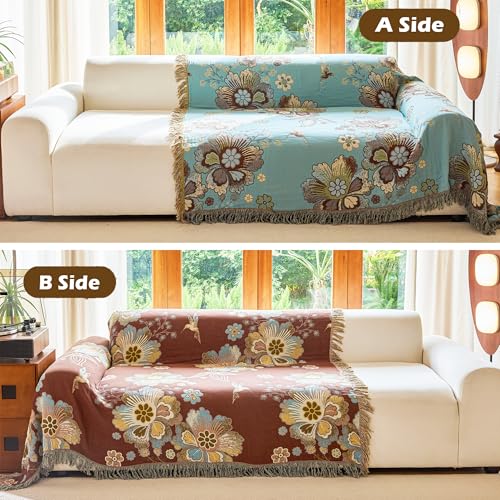 Image of VANJOROY Boho Throw Blanket 80 inch x 90 inch, 100% Organic Cotton Breathable Skin-Friendly Ultra Soft Bed Quilt Blue Throw - Floral Rustic Decor Luxury Reversible Blanket for Sofa Couch Chair and Gift,