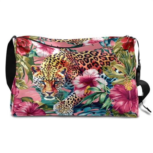 Leather Travel Duffle Bag for Women Men, Leopard Tropical Flower Floral Small Sports Gym Bag Weekender Overnight Bags Underseat Carry on Luggage Bags for Airplanes, Personal Item Travel Bag,B-915