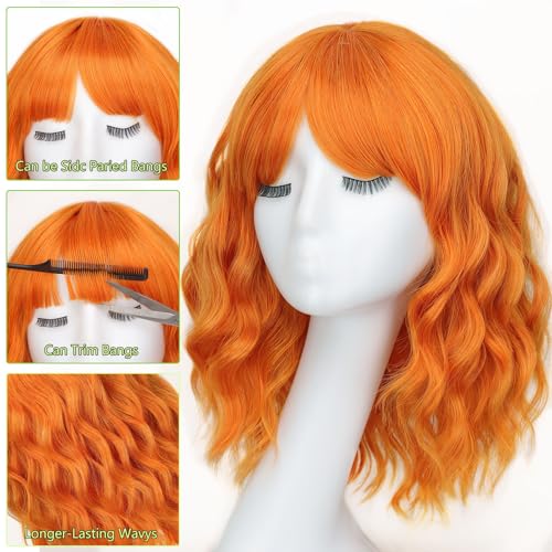 Image of AISI HAIR Orange Synthetic Wavy Curly Bob Wig with Bangs Short Wavy Hair for Women Synthetic Heat Resistant Bob Wigs