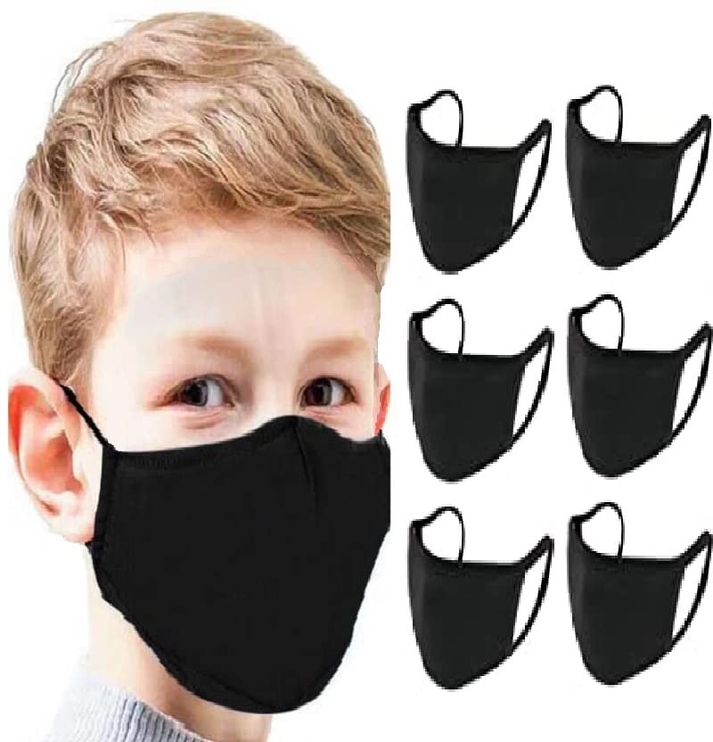 GALAXYLENSE 6 Packs Cotton Children Kids Washable,Reusable Black Face Mask, Mouth Cover Breathable Personal Care Protection For Age 9-18 (6 Packs Black)