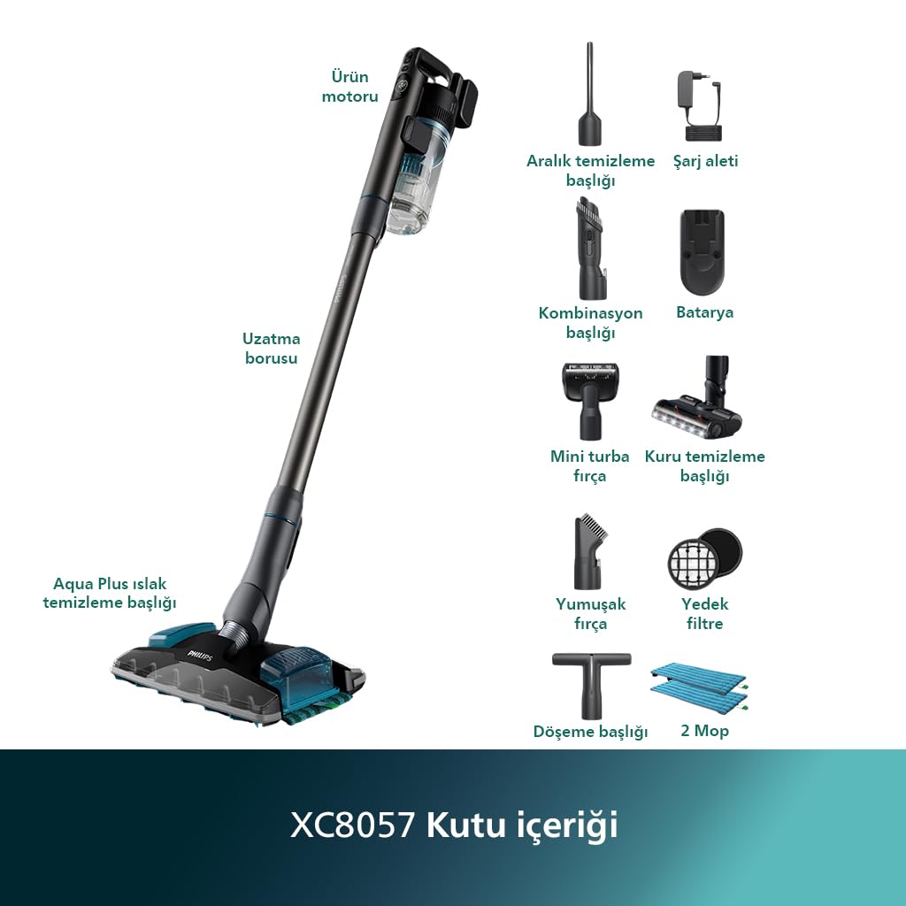 Philips 8000 Serisi Aqua Plus Kablosuz Dik Süpürge, 25.2 V, 80 dk