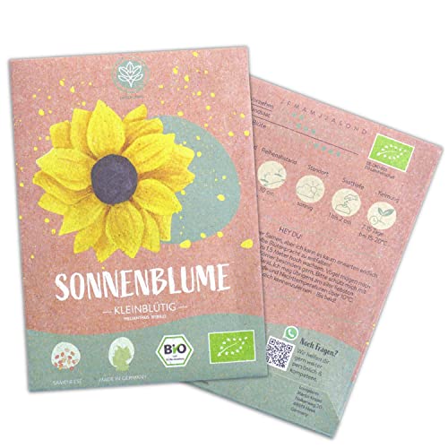 Bio kleine Sonnenblumen Samen, 20 Blumensamen mit hoher Keimquote, Sonnenblumensamen für deinen Garten, Balkon, Beet oder als Gastgeschenk. Samenfestes Blumen Saatgut.