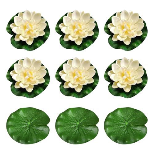 9 Stück Seerosen Künstlich, mit 6 Schwimmende Blumen und 3 Lotosblatt, Teichpflanzen Künstlich, Teichdeko,Schwimmende Blumen, Künstliche Seerosen für Aquarium, Terrasse Garten Pool, Garten Teich