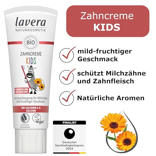 lavera Zahncreme Kids FLUORIDFREI - ohne Farbstoffe - schützt Milchzähne - mild-fruchtig - Bio Calendula & Calcium - Vegan - 75 ml