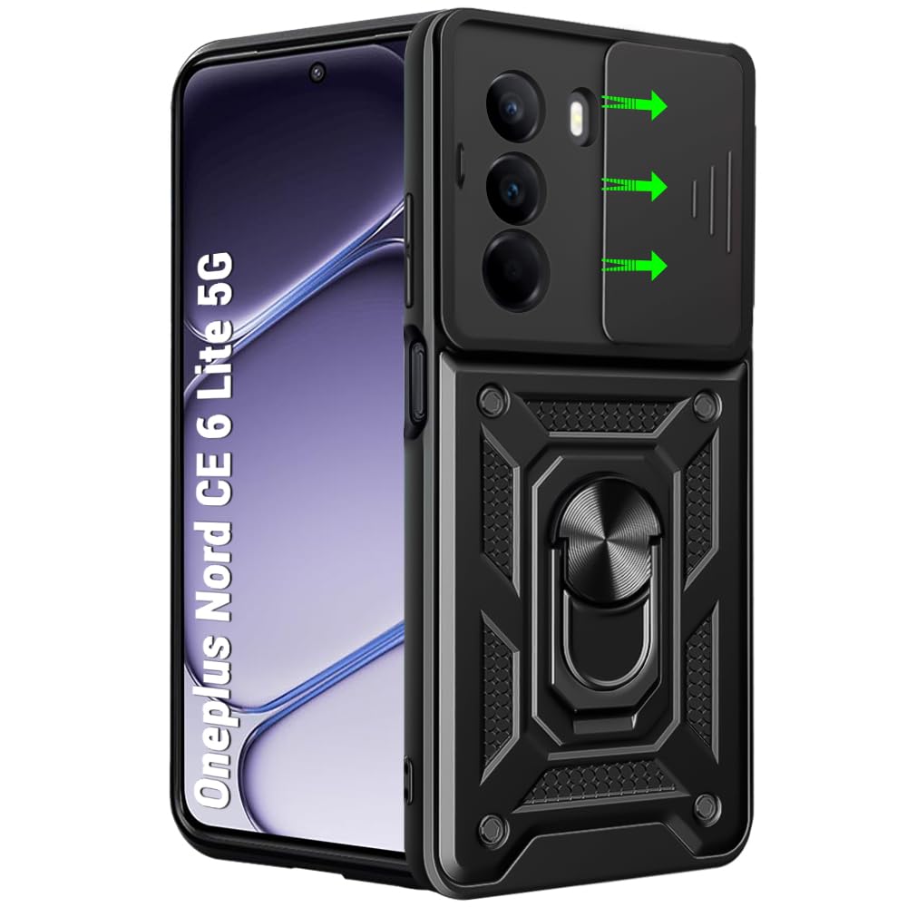 thegiftkart tough armor bumper back cover case for oneplus nord ce 6 lite 5g | sliding camera cover, kickstand & ring holder | 360° protection back cover for oneplus nord ce6 lite 5g (pc & tpu, black)