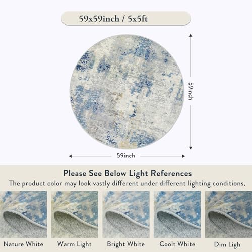 Lahome Washable Round Rug 5Ft, Blue Modern Abstract 5x5 Circle Rugs for Living Room Bedroom, Soft Contemporary Large Indoor Carpet for Kitchen Apartment Basement Home Office
