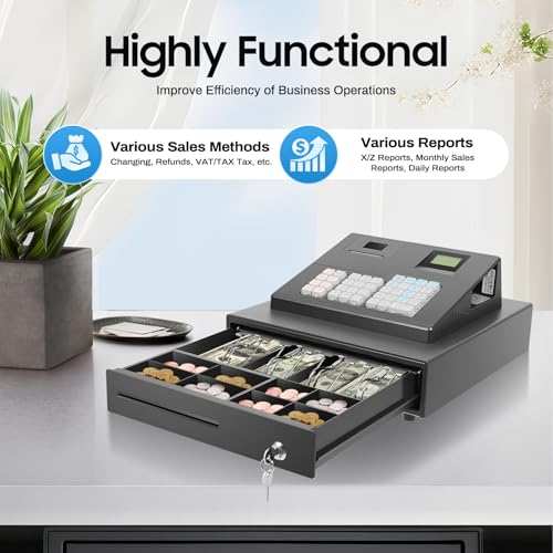 Image of 39 Keys Electronic Cash Register, Thermal Dept Cash Register with 9 Slots and 2 Keys for Supermarkets, Clothing Stores 10 Clerks Cash Box Size 12.8 x 10 x 3.7 Inch Black