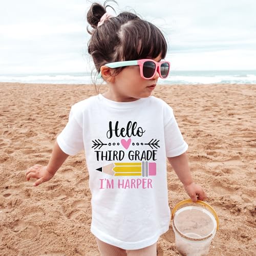 Hello Third 3rd Grade Personalized Shirts For Girls - Custom Name Back To School Pencil Outfit - Cute Gift For First Day Of School Announcement - Natural Toddler & Youth T-Shirt4