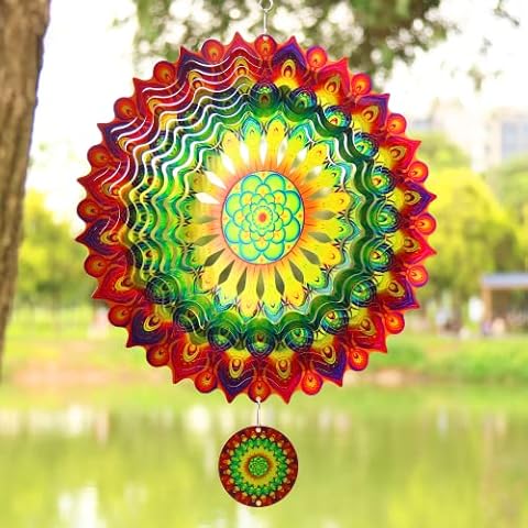 TFANUO 3D Mandala Windspiel 30cm Edelstahl Hängender Windspinner Metallkunst kinetische Dekor Garten Draußen Dekorationen Cover