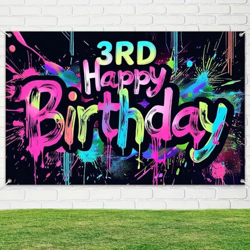 Image of HOMETITUTE Neon 3rd Happy Birthday Banner 71x43 Inch Glow Party Decor | Glow in The Dark Birthday Party Photo Booth Background Supplies and Celebration Decorations