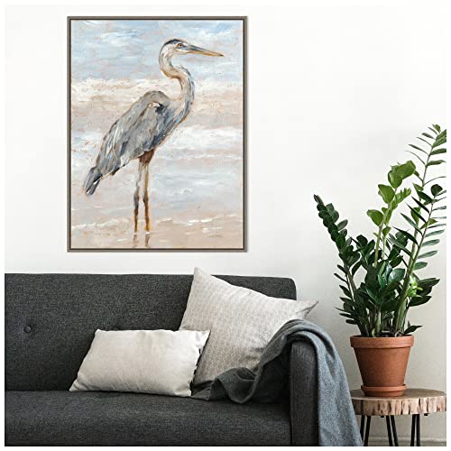 Amanti Art Framed Canvas Wall Art Print Beach Heron I By Ethan Harper (23 In. W X 30 In. H), Sylvie Greywash Frame - Large #TOP5