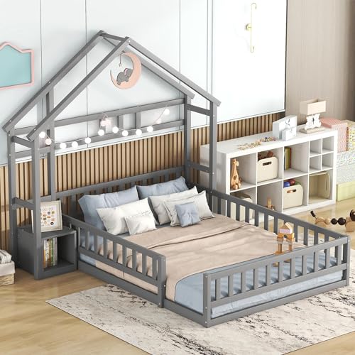 Soweiz Cunas de 140 x 190 cm, camas planas, camas con barandilla, cunas con mesitas de noche, sin colchón (gris)