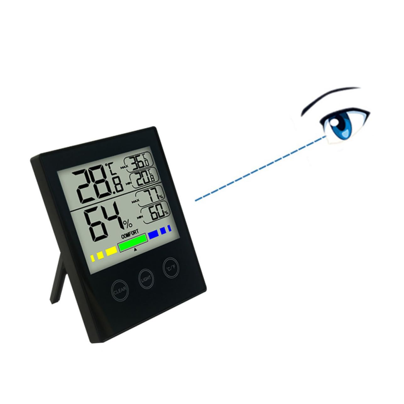 Touchscreen Digitales Innenraum Hygrometer mit Beleuchtung, Schwarz | Zimmerthermometer Digital Innen, Uhr für Innenbereich, Geeignet für Zuhause und Büro