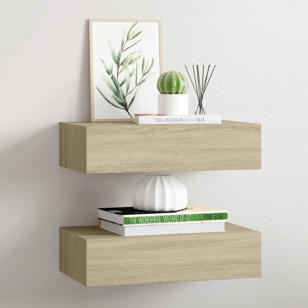 Lot de 2 étagères murales avec tiroirs, aspect chêne MDF, 40 x 23,5 x 10 cm, étagères suspendues flottantes pour salon, chambre à coucher, cuisine, salle de bain, bureau avec espace de