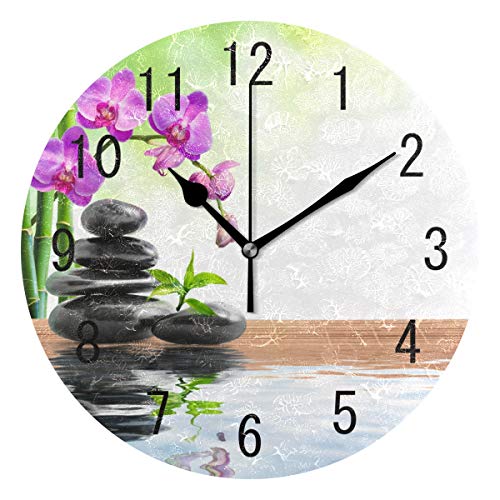 Domoko Horloge murale ronde en acrylique avec orchidée Fleur zen en pierre de bambou et acrylique sans tic-tac silencieuse pour salon, cuisine, chambre à...