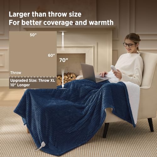 Image of Bedsure Ribbed Heated Blanket Throw XL, Navy Electric Blanket, Preheat