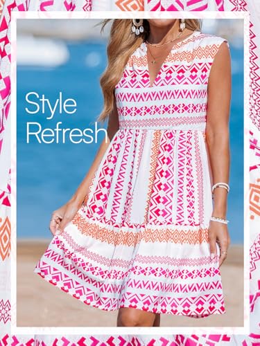 Image of CUPSHE Women's Ruffle Beach Mini Dress Split V Neck A Line Sleeveless Geometric Stripe Tropical Leaf Pattern Summer Dresses