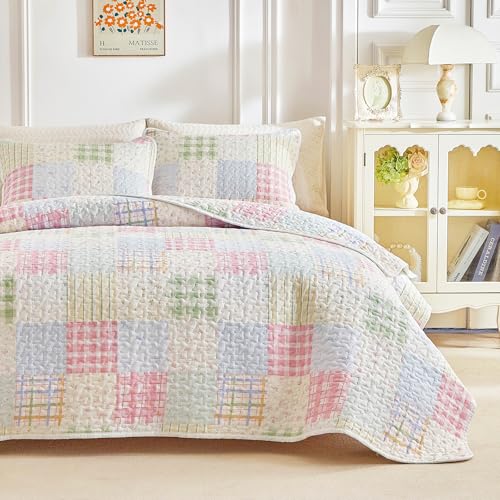 Joyreap 3 Pieces Queen Size Floral Cotton Quilt Set for Girls, Gingham Check Patchwork Design, Cozy Lightweight Cotton Quilt Bedspread Bed Cover for All Season- 90x90 inches by Joyreap - Image 3