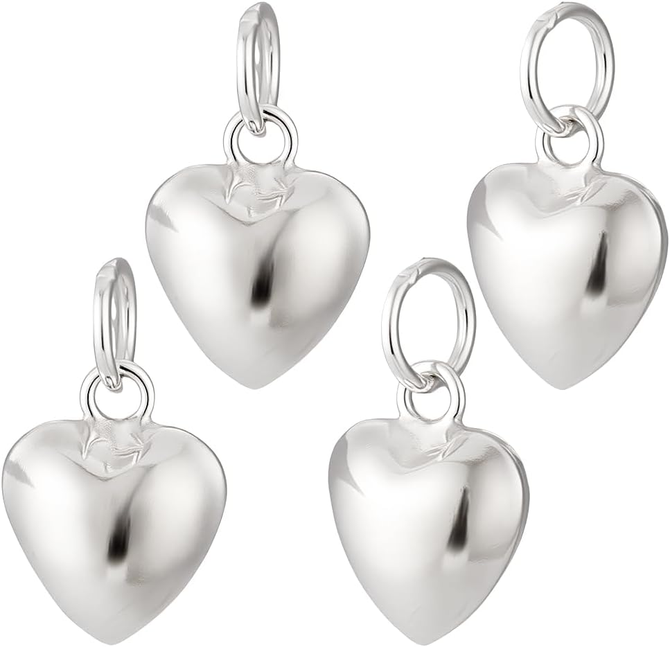 AHANDMAKER 4pcs 925 Sterling Silver Heart Charms Cute Puffed Heart Charm 3D Love Shaped Dangle Pendants Love Necklace with Jump Ring Charm for Necklace Bracelet Jewelry Making DIY Crafts Mother's Day