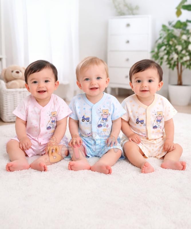 Image of BONUM Baby's Boy's Girl's 100% Cotton Button Shirt with Pyjama Pant Set of 3 New Born Baby Clothes