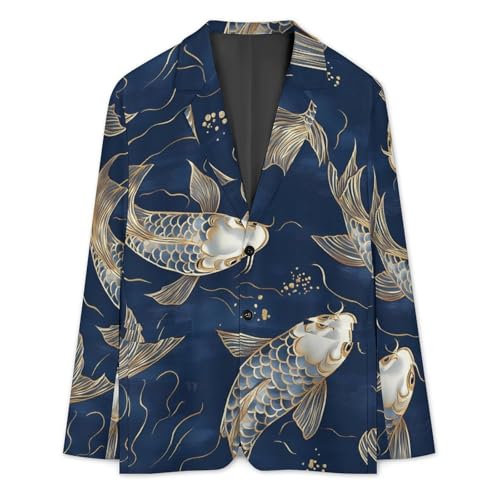 Japanese Fish Gold Navy Blue Classic Suits Blazer for Men Business Tuxedo Jacket Sport Coat Two Buttons3