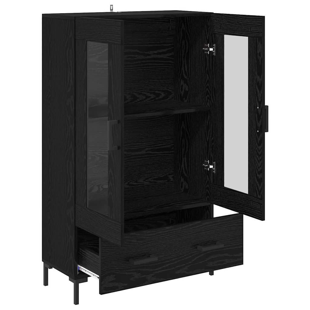 Meuble haut noir aspect chêne en bois 69,5 x 31 x 115 cm avec tiroir, portes, pieds en métal pour salon, salle à manger, bureau, rangement moderne et espace de rangement