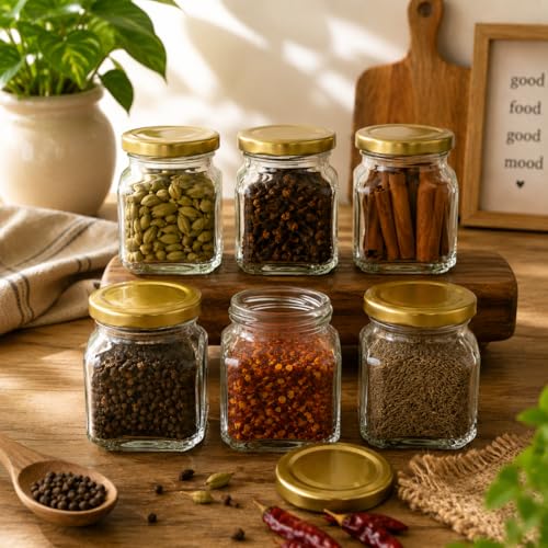 Image of Pure Source India Premium Clear 6 Pcs Glass Jar with Gold Lug Cap | Airtight Food Storage Jar for Honey, Jam, Pickles, Spices & Preserves (100 gm)