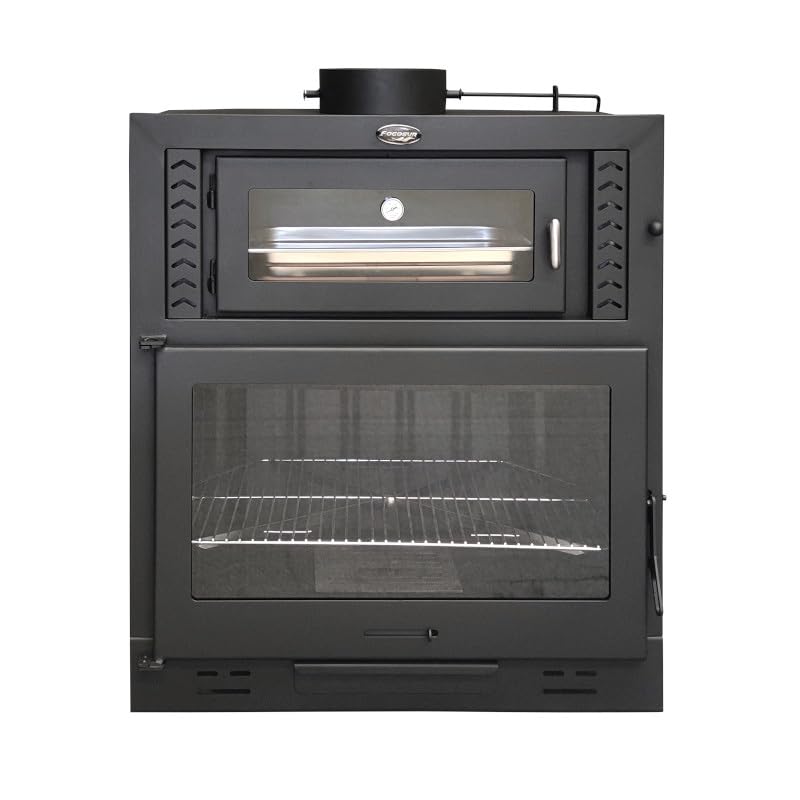 MF - Barbacoa de Leña con Horno para Interiores Modelo M100 de 111 x 60 x 108 cm en Acero con Rejilla de Hierro Fundido, Horno de Ladrillo Refractario, Parrilla de Asado y Termómetro