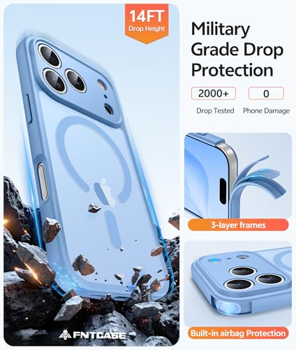 Image of FNTCASE for iPhone 17 Pro Case: [Compatible with Magsafe] Translucent Matte Cases with [Full Camera Protection] [Screen Protector] Military Grade Shockproof Protective Phone Cover - Light Blue