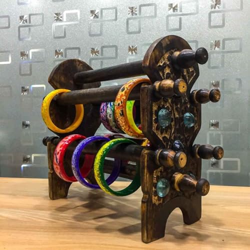 Image of Wooden Carved Bangle Stand | Folding Chuddi Stand | Gift item for women | Bar Bracelet, Bangle Jewelry Holder Stand Display Organizer, Bracelet Holder for Jewelry (Bangle stand 4 rods)